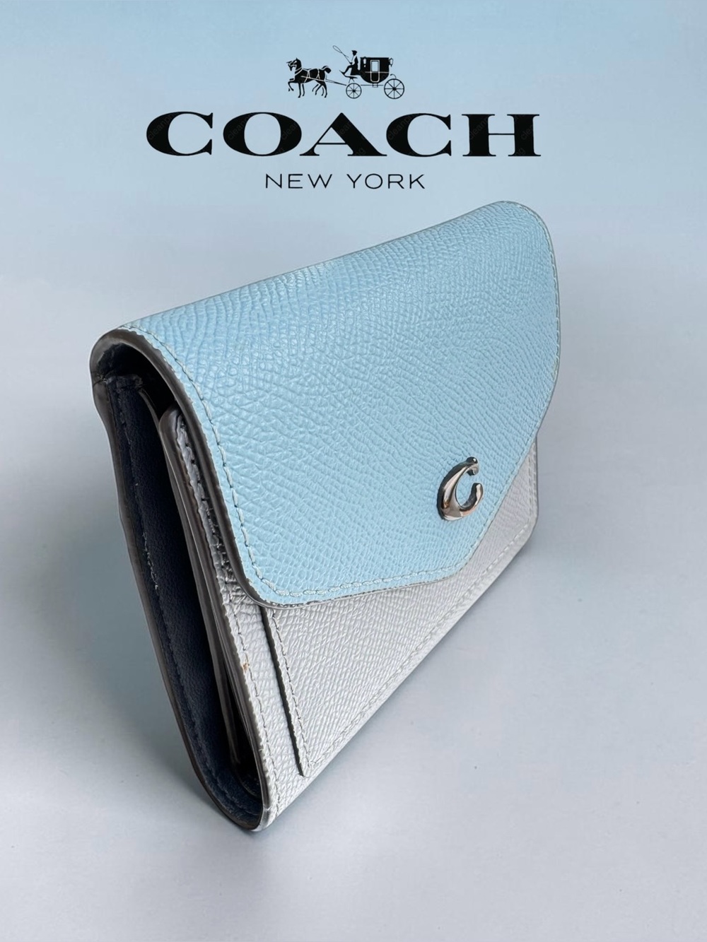 COACH Wyn Small Wallet in Dove Grey and Sky Blue Multi Colorblock. - Picture 5 of 14